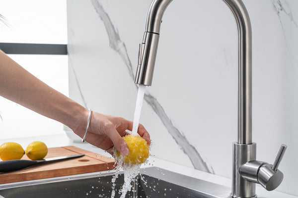 Kitchen tap with pull-out spout, stainless steel - single lever, 360° swivel, brass, aerator, standard installation