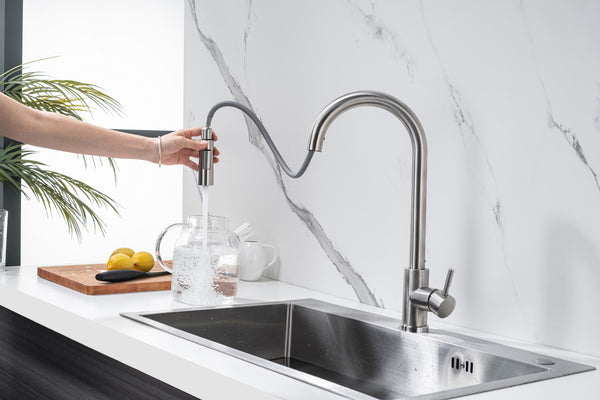 Kitchen tap with pull-out spout, stainless steel - single lever, 360° swivel, brass, aerator, standard installation