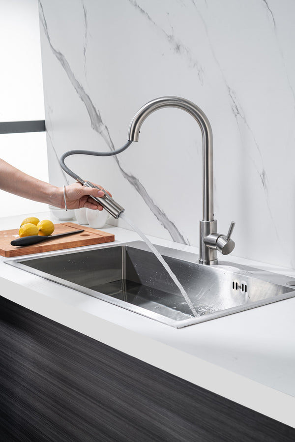 Kitchen tap with pull-out spout, stainless steel - single lever, 360° swivel, brass, aerator, standard installation