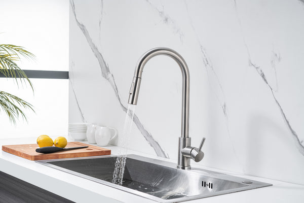 Kitchen tap with pull-out spout, stainless steel - single lever, 360° swivel, brass, aerator, standard installation