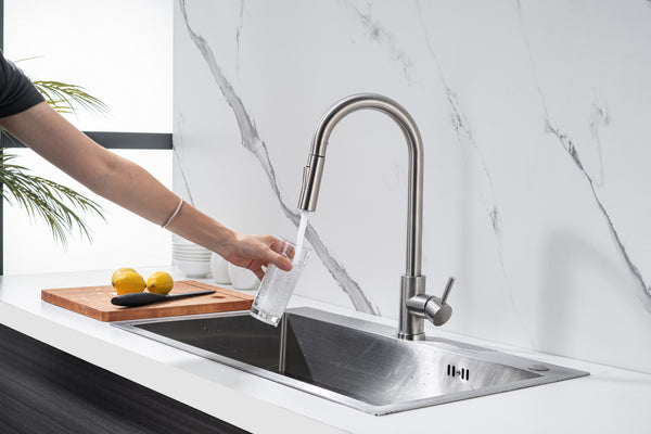 Kitchen tap with pull-out spout, stainless steel - single lever, 360° swivel, brass, aerator, standard installation