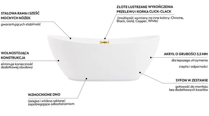 Wanna wolnostojąca Balneo PARMA 170x72 cm – biała akrylowa z ramą stalową i korkiem Click-Clack złoto lustrzane