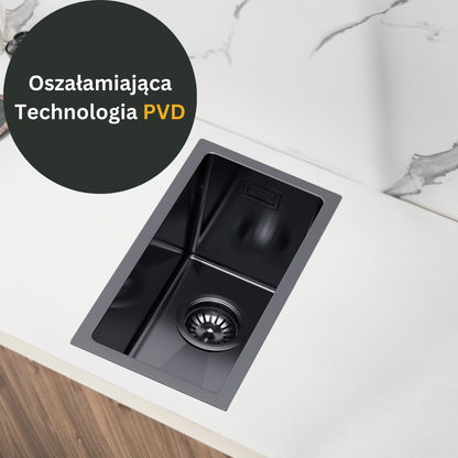 Mały Zlewozmywak Jednokomorowy Stalowy 22x44cm Łatwy w Utrzymaniu Czystości oraz z Glęboką Komorą w kolorze PVD GRAFIT od VELAZO.