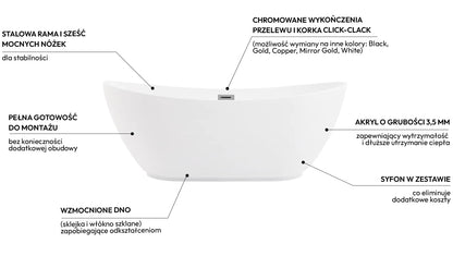 Wanna wolnostojąca Balneo PARMA Chrome 170x72 cm biała akrylowa z przelewem i korkiem Click-Clack chrom