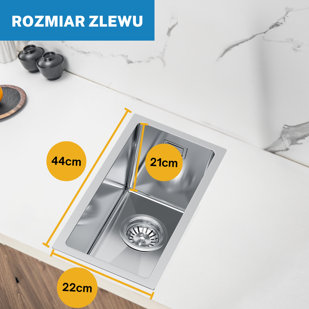 Mały Zlew Kuchenny - 22x44cm Łatwy w Utrzymaniu Czystości oraz z Glęboką Komorą w kolorze INOX od Velazo.