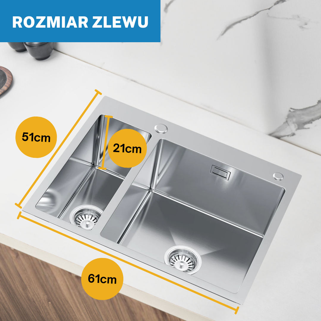 Stalowy Zlewozmywak Półtorakomorowy 61x51cm z Syfonem, Łatwy w Utrzymaniu Czystości oraz z Glęboką Komorą w kolorze INOX od VELAZO.