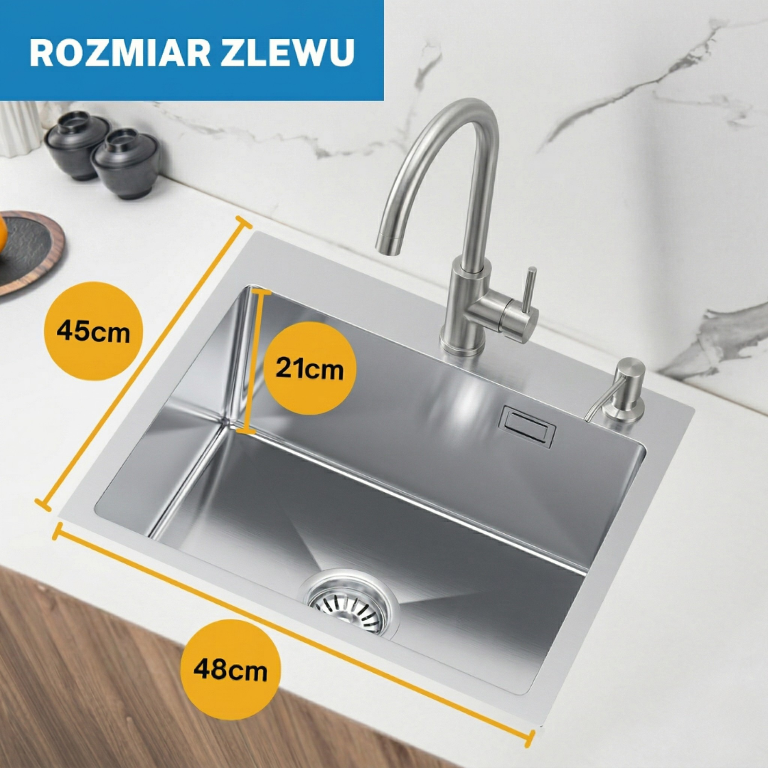 Zlewozmywak Ze Stali Nierdzewnej 48x45cm z otworem na baterię + Syfon - od VELAZO.