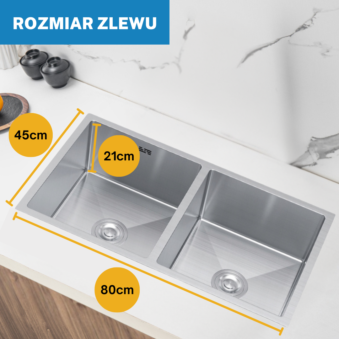 Großes Doppelspülbecken aus Edelstahl – 80 x 45 cm, leicht zu reinigen und mit einem tiefen Becken in der Farbe VELAZO.