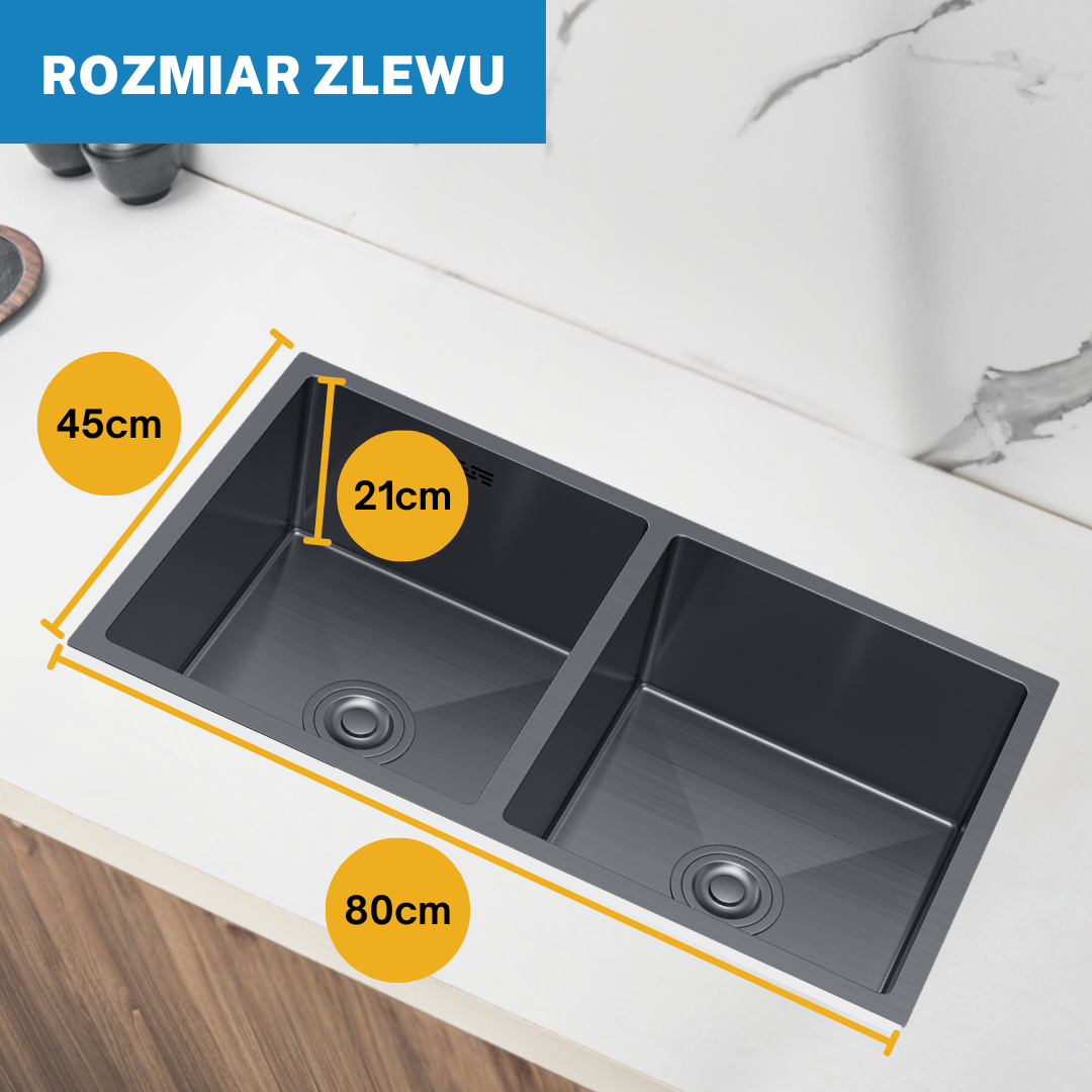 Zlewozmywak Kuchenny Dwukomorowy Stalowy Grafitowy 80x45cm