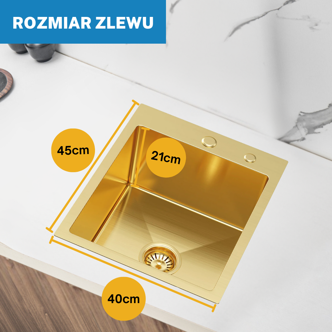 Zlewozmywak 40x45 cm Złoty – Jednokomorowy, Stal Nierdzewna, Z Przelewem i Syfonem + Syfon - od VELAZO.