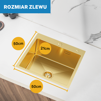 Zlewozmywak 50x50 cm PVD Złoty – Nablatowy, Z Otworem na Baterię i Przelewem od VELAZO.