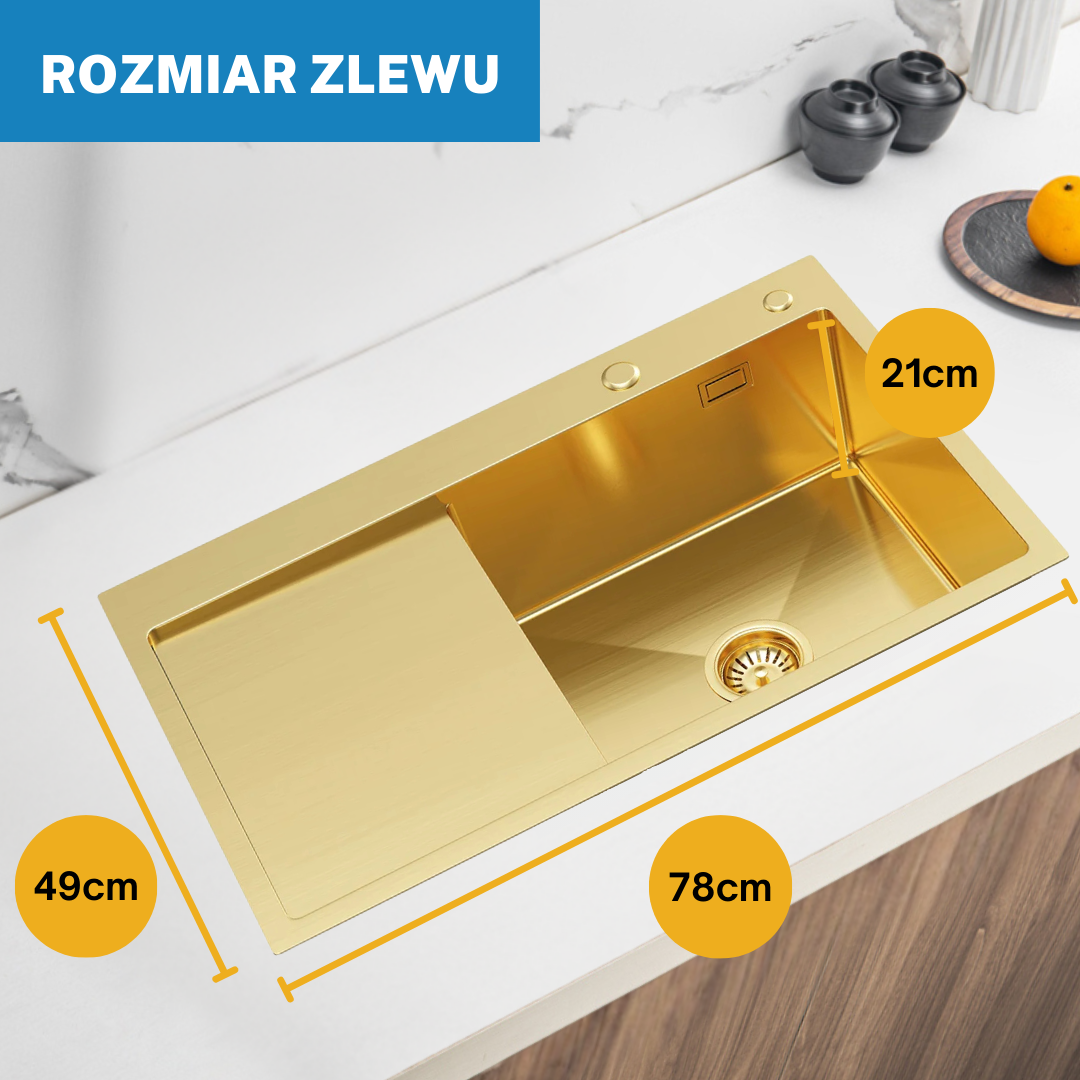 Single bowl sink with drainer 78x49cm L Gold PVD from Velazo.