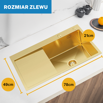 Single bowl sink with drainer 78x49cm L Gold PVD from Velazo.