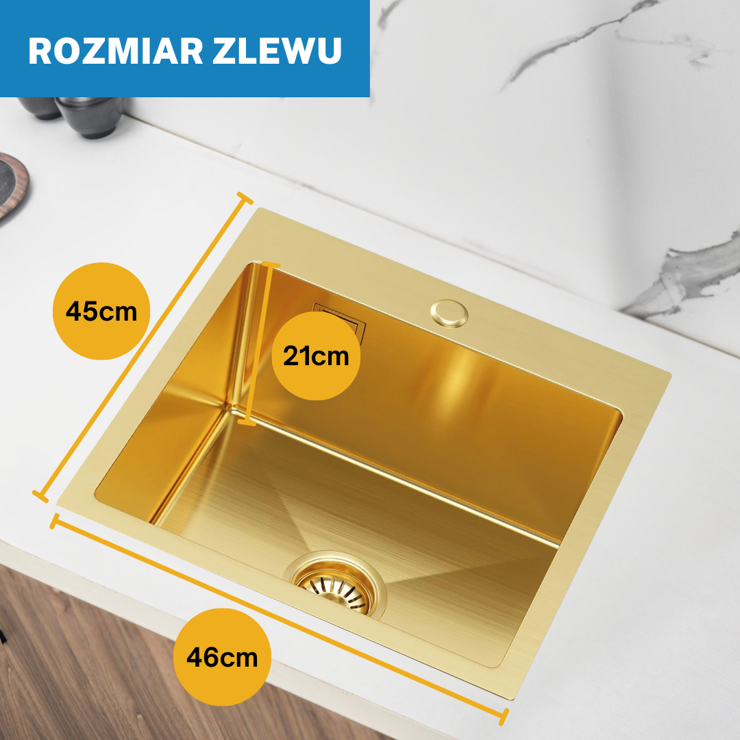 Złoty Zlewozmywak Stalowy Jednokomorowy 46x45cm Łatwy w Utrzymaniu Czystości oraz z Glęboką Komorą od VELAZO.