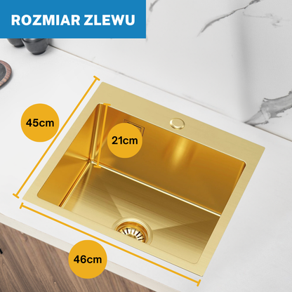 Złoty Zlewozmywak Stalowy Jednokomorowy 46x45cm Łatwy w Utrzymaniu Czystości oraz z Glęboką Komorą od VELAZO.