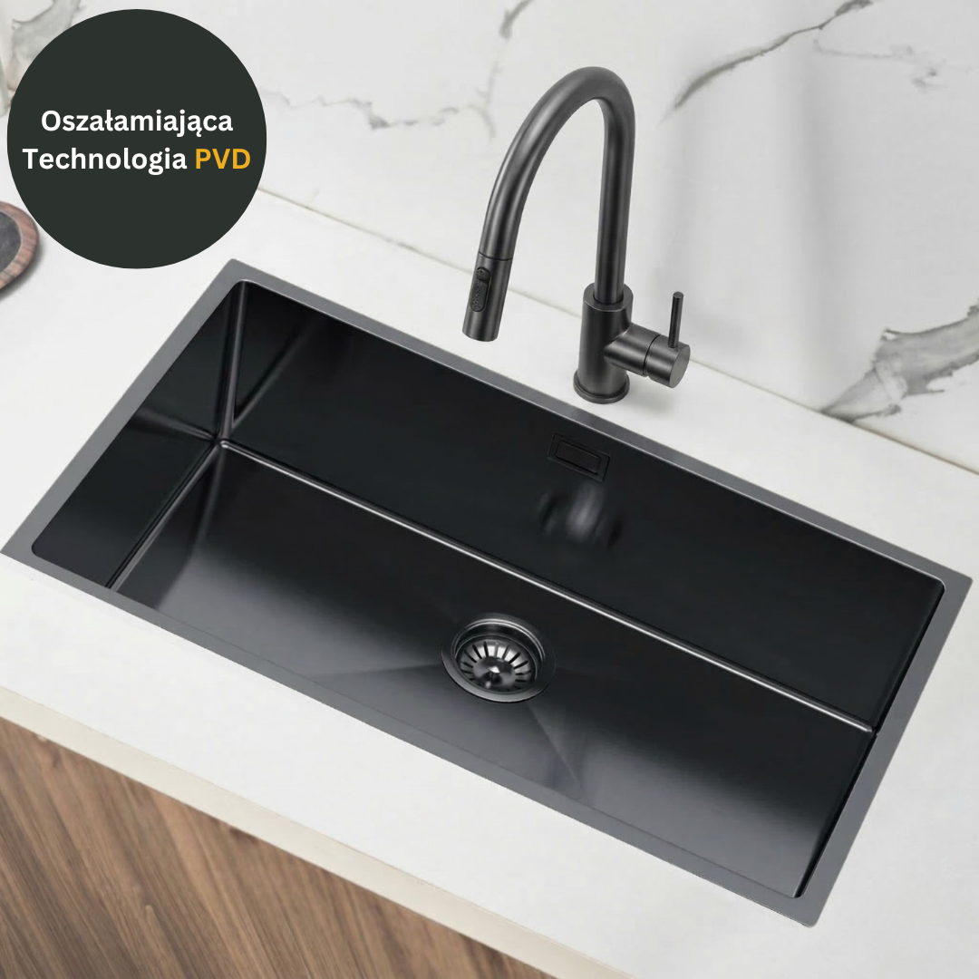 Zlewozmywak stalowy jednokomorowy Duży - 74x44cm w kolorze PVD GRAFIT + Syfon - od VELAZO.