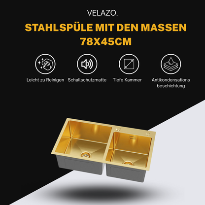 Gold Double-bowl Steel Sink 78x45cm from Velazo.