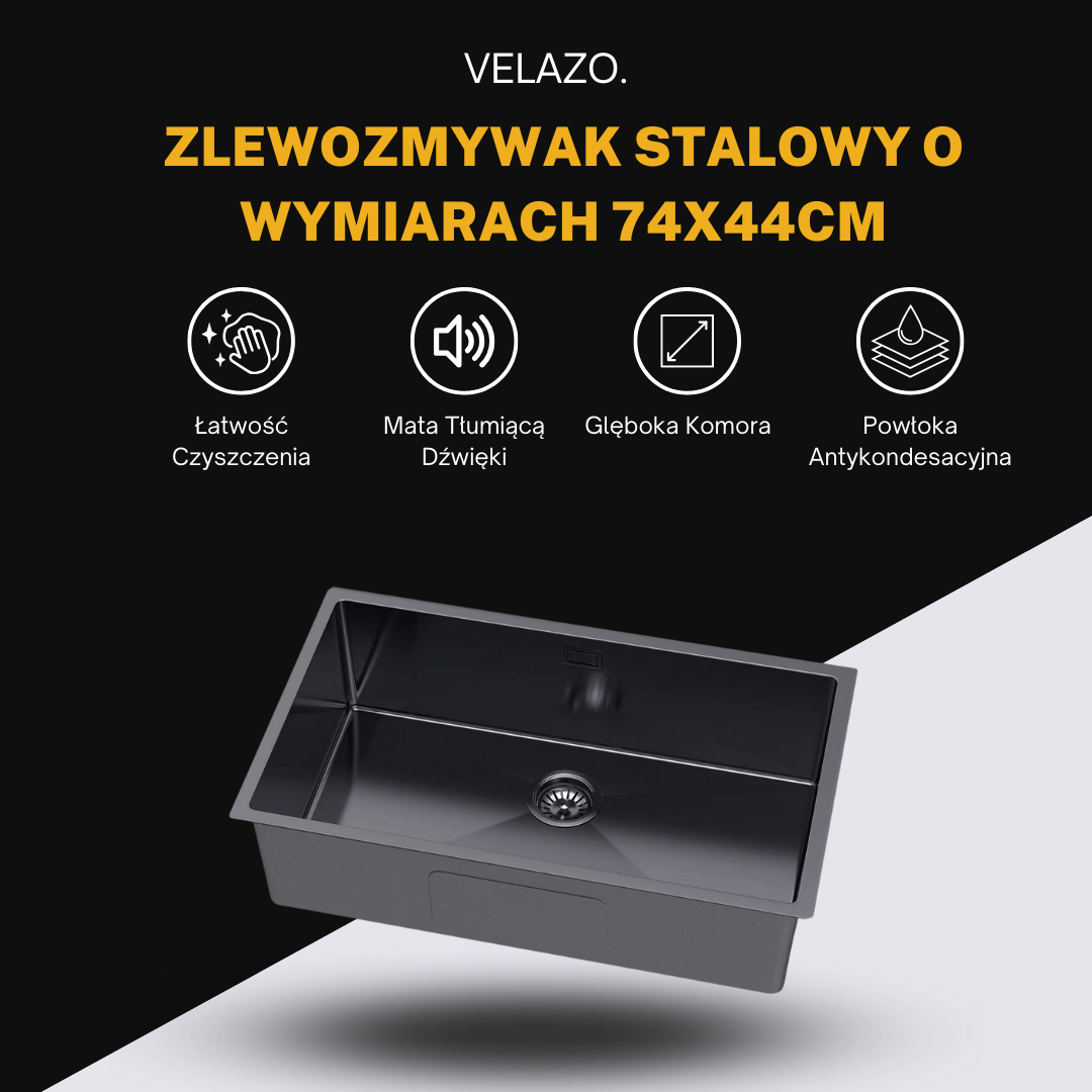 Großes Einzelbecken aus Stahlspülbecken – 74 x 44 cm, leicht zu reinigen und mit einem tiefen Becken in der Farbe PVD GRAPHITE von VELAZO.