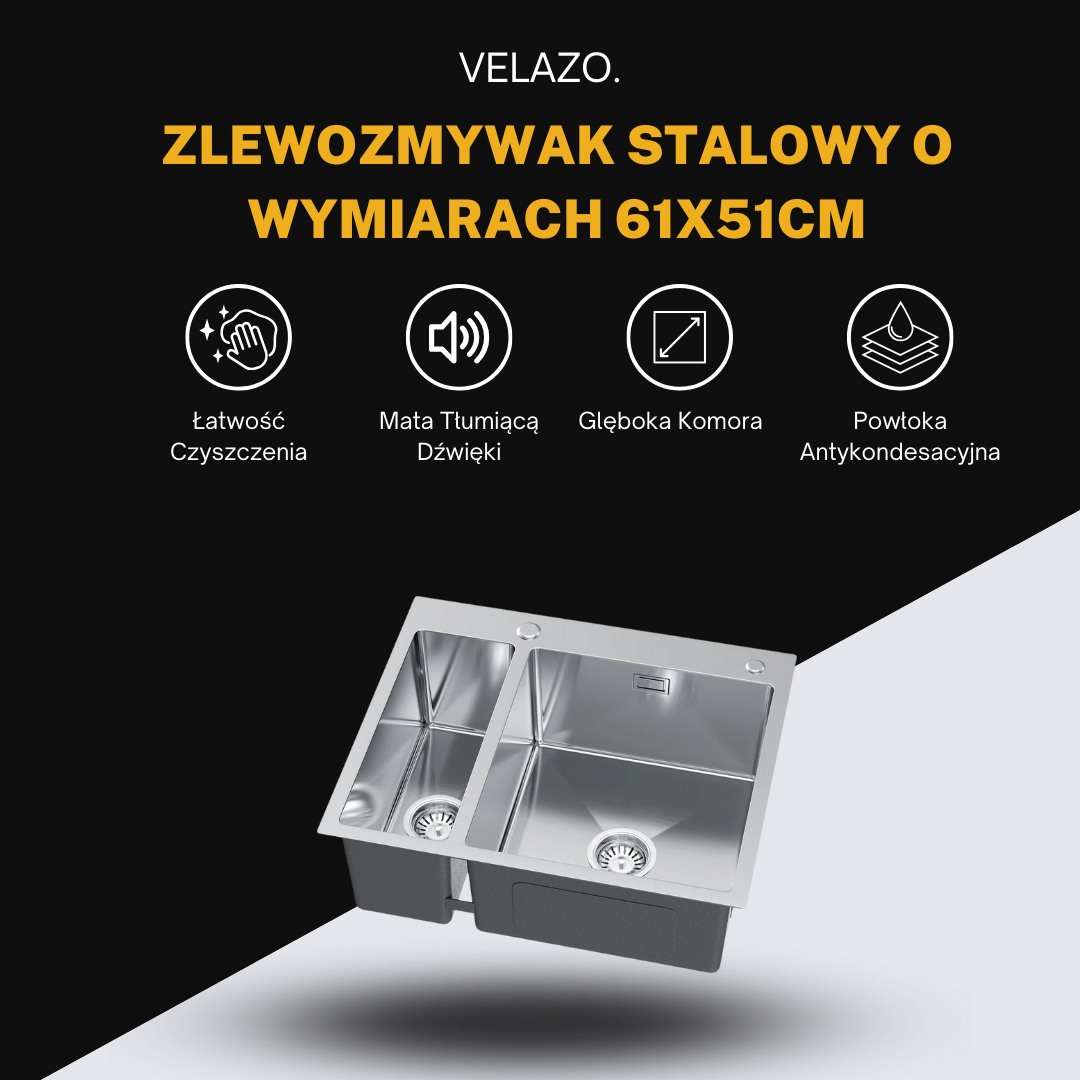 Stalowy Zlewozmywak Półtorakomorowy Stalowy 61x51cm z Syfonem w kolorze INOX od VELAZO.