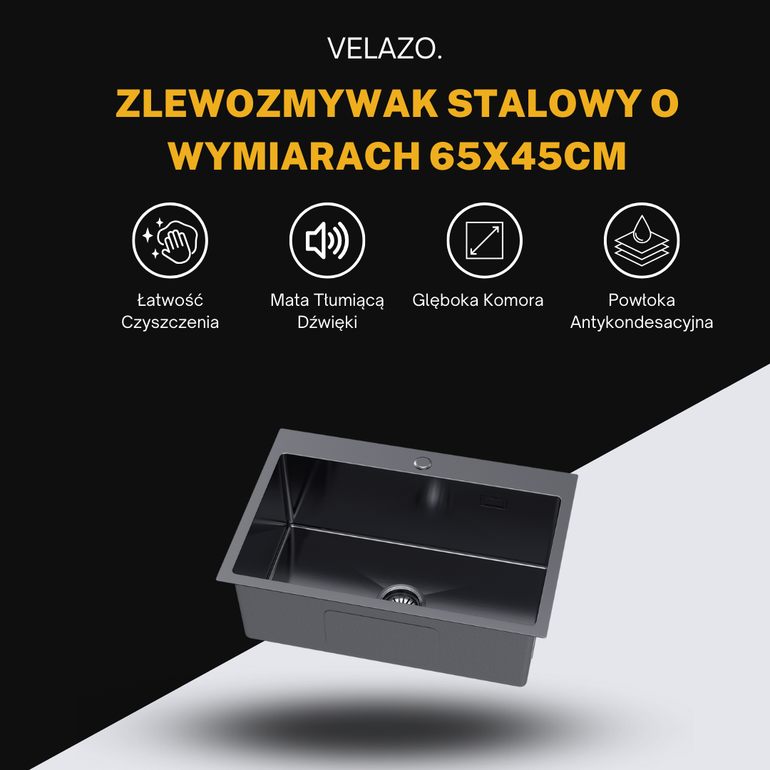 Zlew Kuchenny 65x45cm w kolorze PVD Grafit od VELAZO.