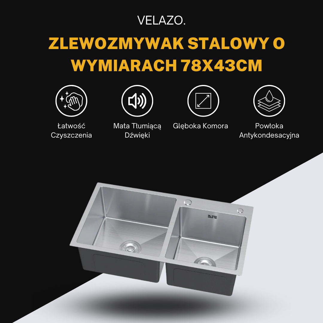 Zlewozmywak Dwukomorowy 78x43 w kolorze INOX od VELAZO.