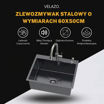 Zlewozmywak Stalowy Jednokomorowy 60x50cm z Glęboką Komorą oraz Otworem na Dozownik - PVD Grafitowy + Syfon - od VELAZO.