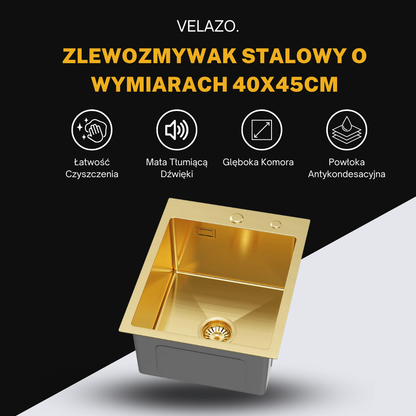 Zlewozmywak 40x45 cm Złoty – Jednokomorowy, Stal Nierdzewna, Z Przelewem i Syfonem + Syfon - od VELAZO.