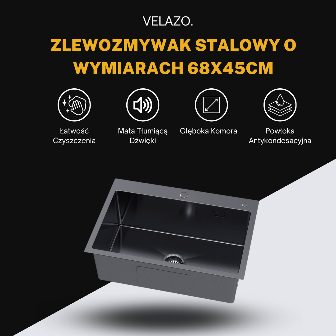 Steel sink measuring 68x45cm - from Velazo.