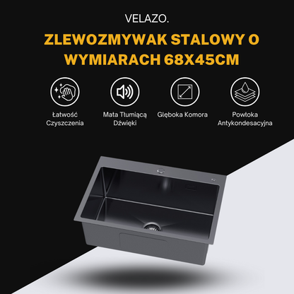 Steel sink measuring 68x45cm - from Velazo.