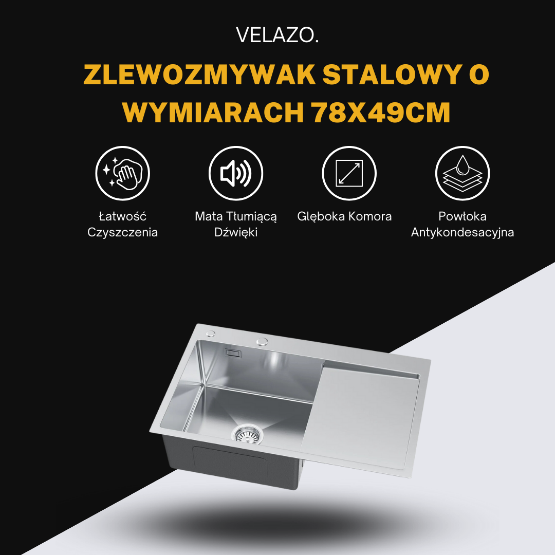 Zlewozmywak Stalowy Jednokomorowy z Ociekaczem 78x49cm w kolorze INOX od VELAZO.