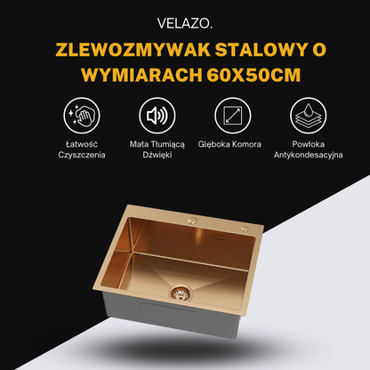 Zlewozmywak Jednokomorowy Stalowy 60x50cm w kolorze Złoty Róż od VELAZO.