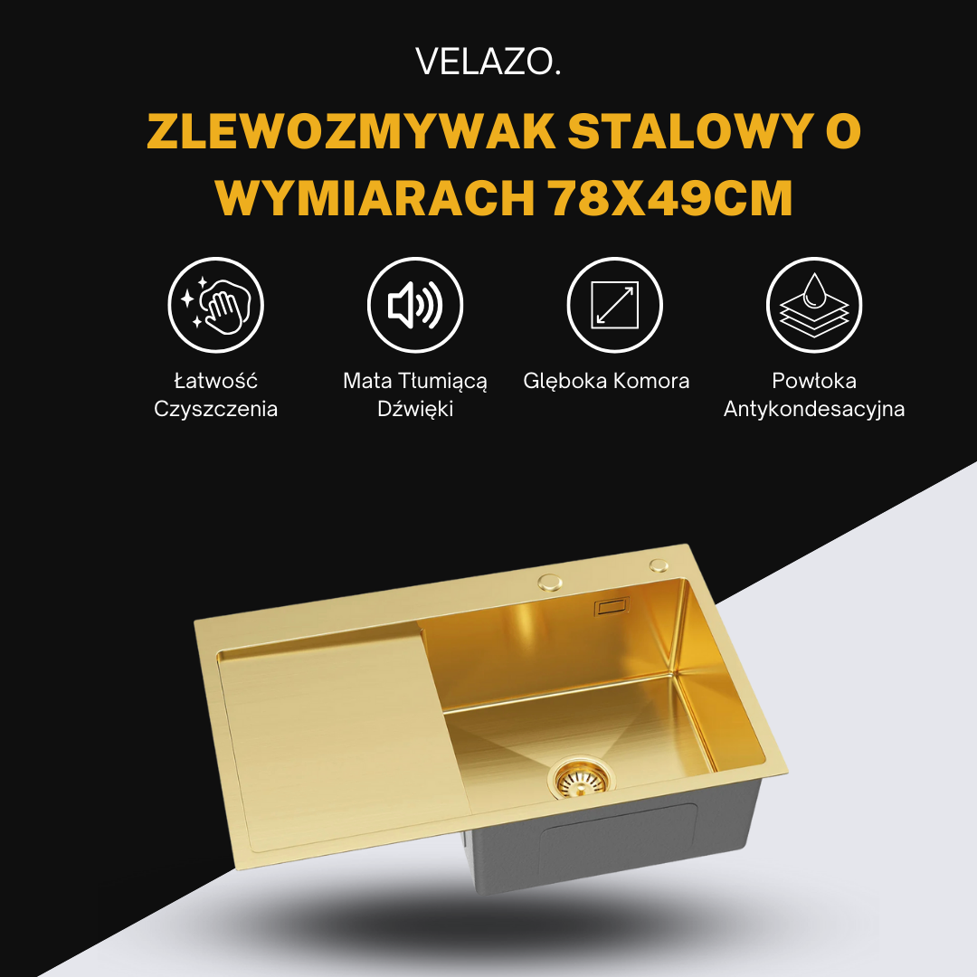 Single bowl sink with drainer 78x49cm L Gold PVD from Velazo.