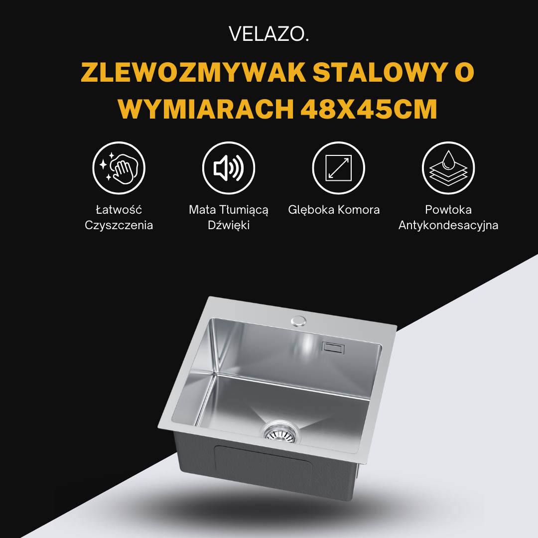 Zlewozmywak Ze Stali Nierdzewnej 48x45cm z otworem na baterię - od Velazo.