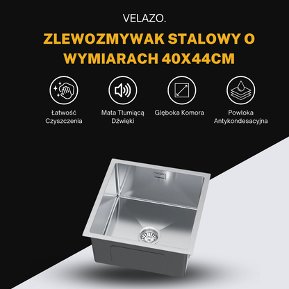 Zlewozmywak Stalowy Jednokomorowy 40x44cm Łatwy w Utrzymaniu Czystości oraz z Glęboką Komorą w kolorze INOX od Velazo.