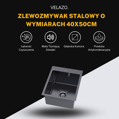 Zlewozmywak stalowy jednokomorowy 40x50cm Łatwy w Utrzymaniu Czystości oraz z Glęboką Komorą w kolorze PVD Grafitowy od VELAZO.