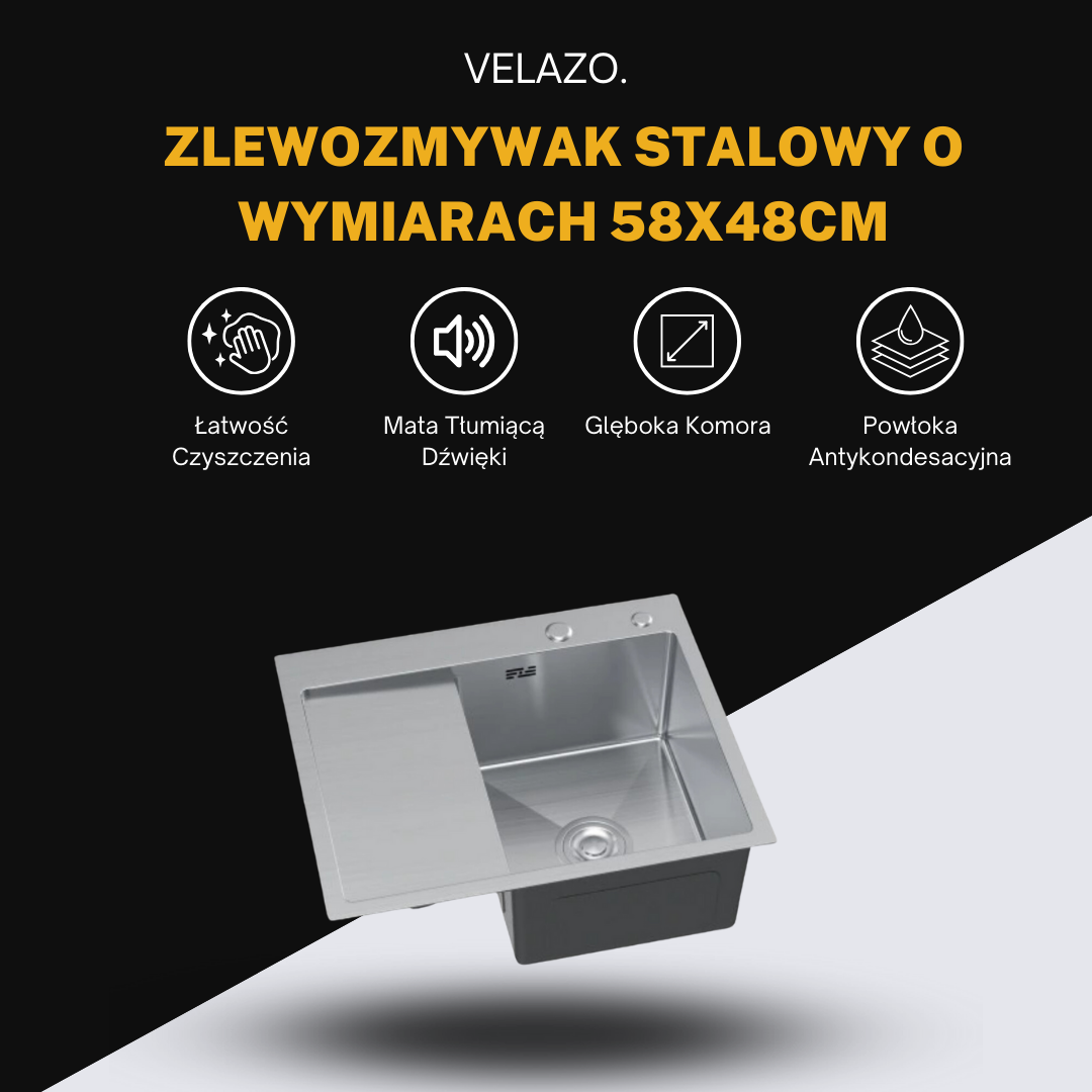 Zlewozmywak Stalowy Jednokomorowy z Ociekaczem - 58x48cm w kolorze INOX od VELAZO.