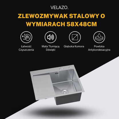 Zlewozmywak Stalowy Jednokomorowy z Ociekaczem - 58x48cm w kolorze INOX od VELAZO.