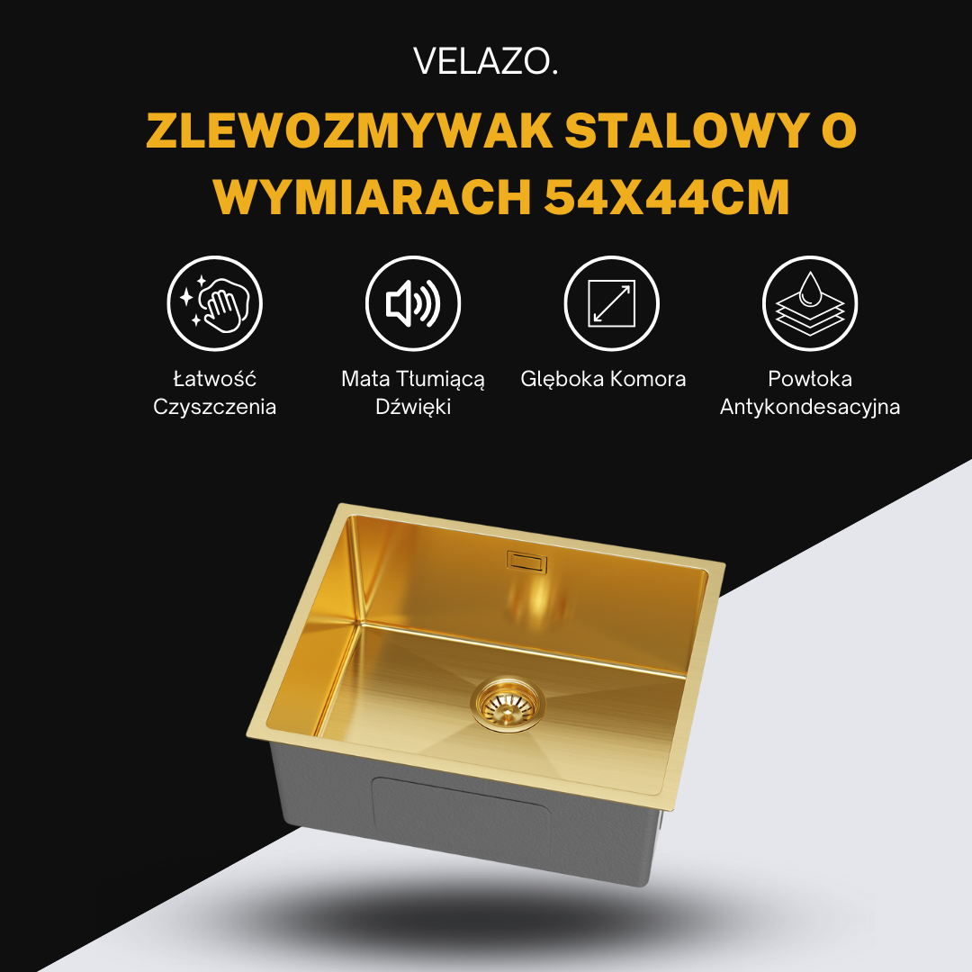 Złoty Zlewozmywak Jednokomorowy Stalowy 54X44cm od VELAZO.