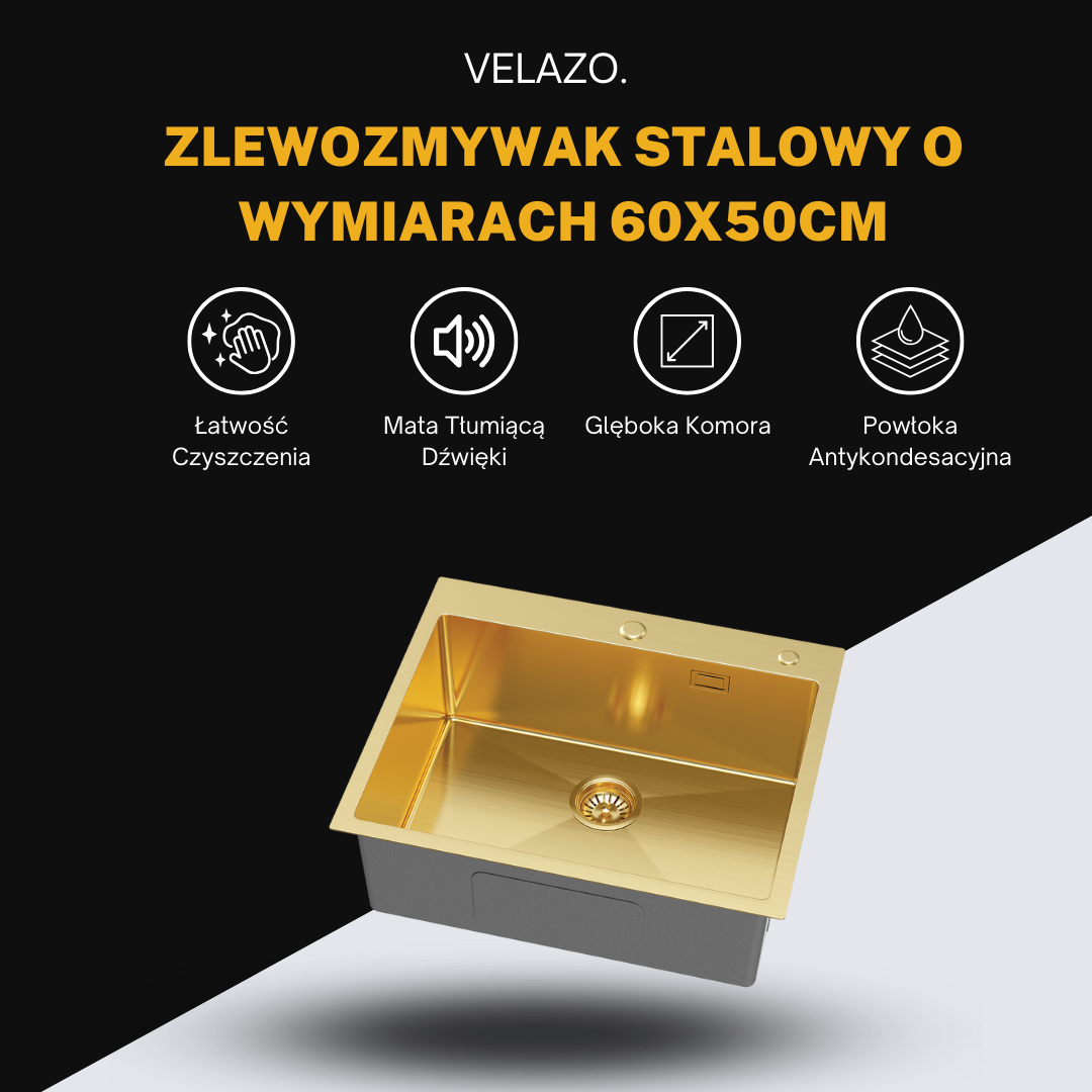 Złoty Zlewozmywak Jednokomorowy Stalowy 60X50cm od VELAZO.