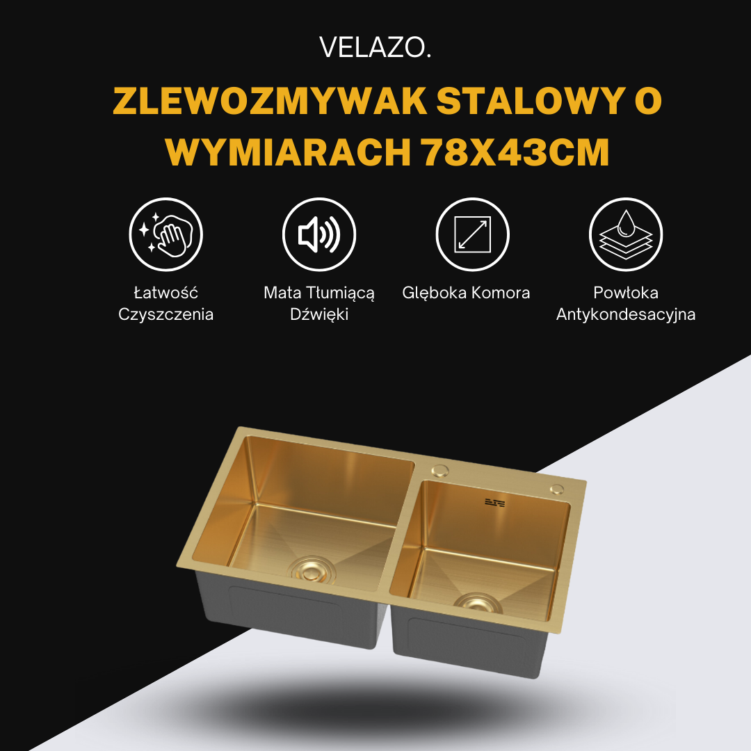 Złoty Zlewozmywak Stalowy Dwukomorowy 78X43cm od VELAZO.