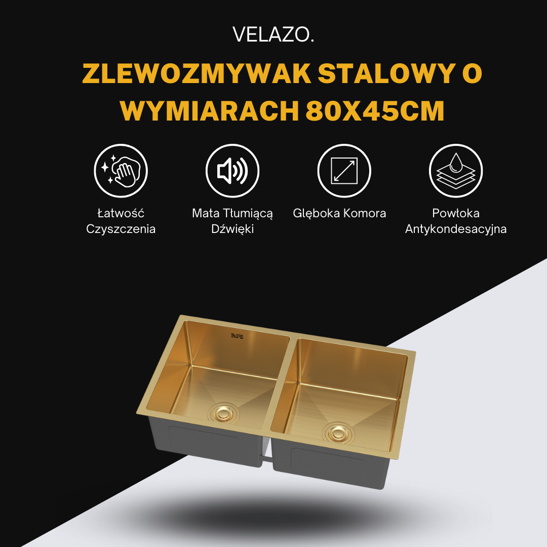Złoty Zlewozmywak Dwukomorowy Stalowy 80x45cm od VELAZO.