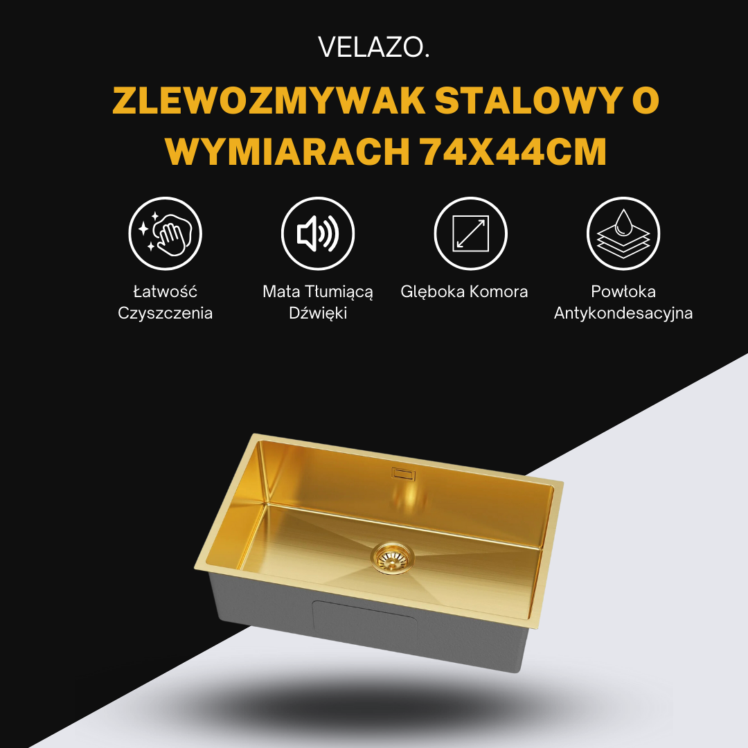 Złoty Zlewozmywak Jednokomorowy Stalowy - 74x44cm od VELAZO.