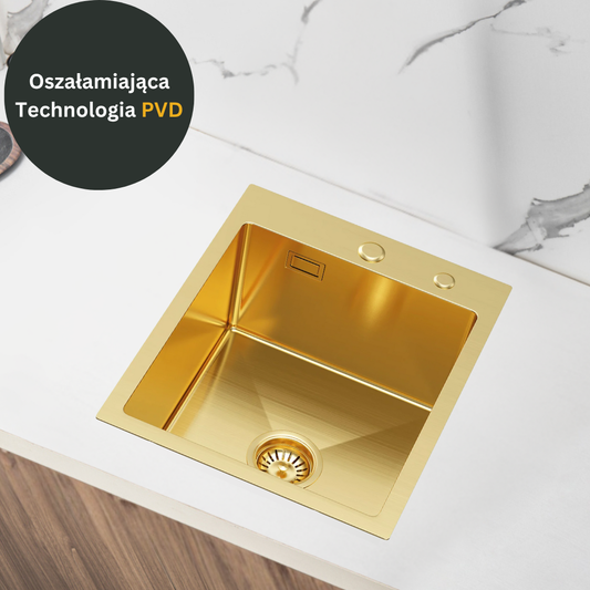 Zlewozmywak 40x45 cm Złoty – Jednokomorowy, Stal Nierdzewna, Z Przelewem i Syfonem + Syfon - od VELAZO.