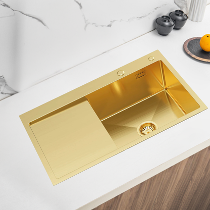 Single bowl sink with drainer 78x49cm L Gold PVD from Velazo.