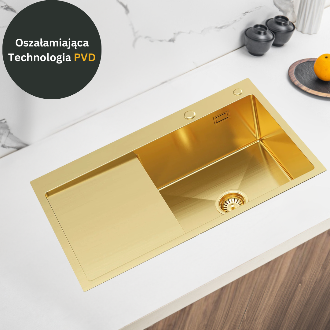 Single bowl sink with drainer 78x49cm L Gold PVD from Velazo.