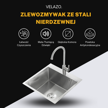 Single-bowl stainless steel sink, silver inox, 48x45cm, with Velazo tap hole.