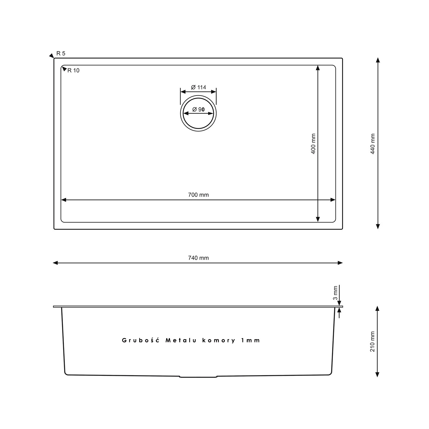 Großes Einzelbecken aus Stahlspülbecken – 74 x 44 cm, leicht zu reinigen und mit einem tiefen Becken in der Farbe PVD GRAPHITE von VELAZO.