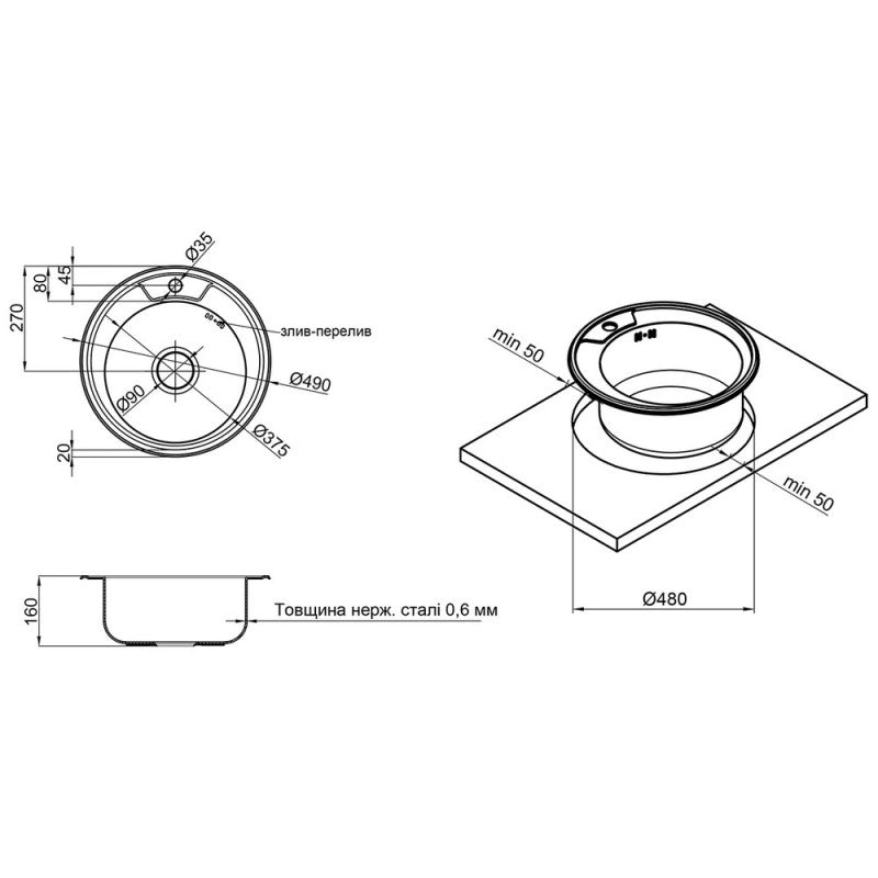 Zlewozmywak Okrągły INOX Ø49 cm Jednokomorowy z Syfonem od Velazo.